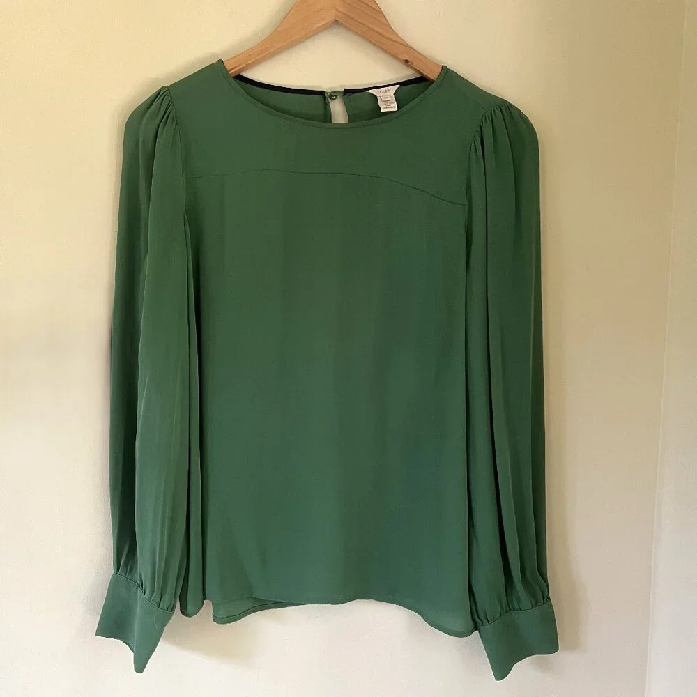 J. Crew Silk Blouse, Emerald Green, Size 8P - Picture 1 of 8